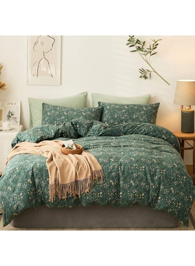 EAVD Vintage Green Floral Duvet Cover Full Size 100% Jersey Cotton Cottagecore Floral Bedding Set with 2 Pillowcases Chic Shabby Reversible Botanical Duvet Cover with Zipper Closure - Image 1